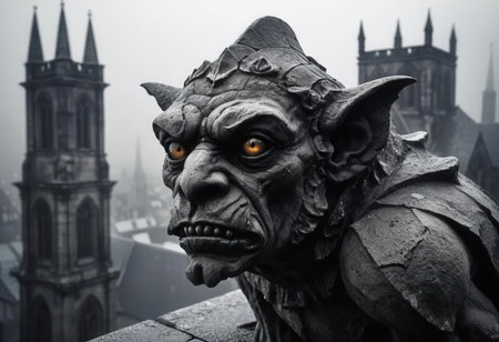 A striking stone gargoyle perched on a gothic cathedral, exuding an eerie vibe. The fog creates a mysterious atmosphere, accentuating its fierce expression.の素材