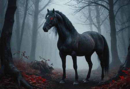A striking image of a black horse with glowing eyes standing in a foggy forest. The atmosphere combines mystery and calmness, with red autumn leaves contrasting against the dark scene.の素材