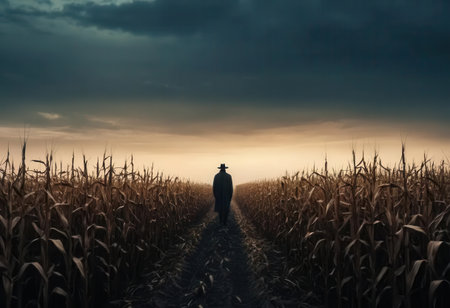 A solitary figure walks down a secluded path in a cornfield at sunset, surrounded by tall stalks and dramatic clouds. The scene evokes feelings of peace and reflection.の素材