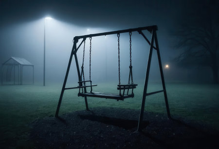 A solitary swing hangs in a fog-laden park, illuminated by soft street lights. The scene captures an atmosphere of mystery and tranquility, perfect for evoking feelings of solitude and nostalgia.の素材