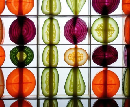 Vibrant display of sliced vegetables and fruits showcases a colorful array of healthy and fresh ingredients, perfect for culinary inspiration or decor.の素材