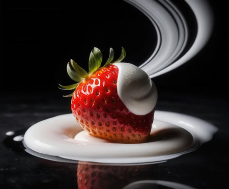 A vibrant red strawberry topped with creamy white swirl, set against a sleek black background, creating an elegant and appetizing composition. Perfect for food photography.の素材