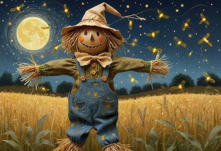 A charming scarecrow stands under a full moon, surrounded by glowing fireflies, creating a whimsical and magical atmosphere in a tranquil rural landscape.の素材