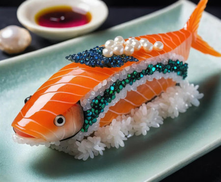 This stunning salmon sushi showcases intricate edible pearls and vibrant garnishes. A perfect blend of creativity and flavor, ideal for gourmet presentations.の素材