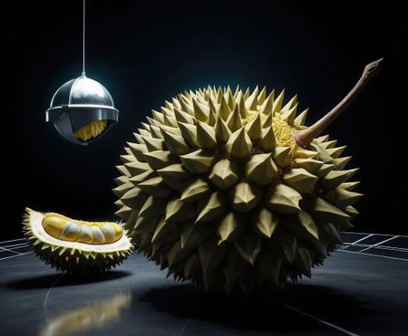 An artistic representation of a durian fruit with its unique spiky texture. A sliced piece reveals creamy flesh. The dark background enhances the visual appeal, making it perfect for culinary or food design themes.の素材