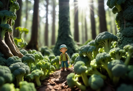 A whimsical scene featuring a young explorer amidst a forest of lifelike broccoli plants, capturing the essence of adventure and imagination in nature.の素材