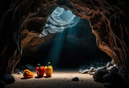 A stunning still life of colorful peppers illuminated by ethereal light in a cave, showcasing organic forms and rich textures set against natural stone.の素材