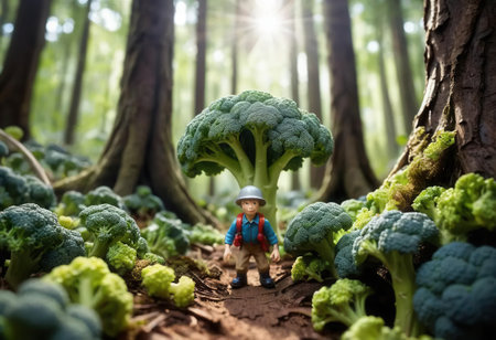 An imaginative scene featuring a figurine exploring a forest of broccoli trees, surrounded by vibrant greenery and dappled sunlight, evoking whimsy and playfulness.の素材