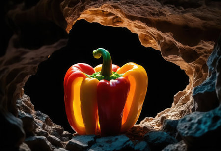 A vibrant bell pepper glows beautifully in a cave-like setting, showcasing its rich colors and textures. This image captures the essence of freshness and nature's artistry.の素材