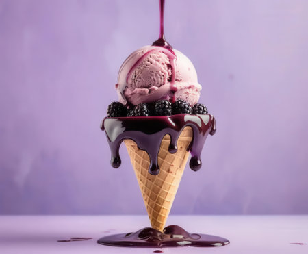 A vibrant ice cream cone topped with chocolate drizzle and fresh berries captures the essence of a delicious dessert, perfect for summer enjoyment.の素材