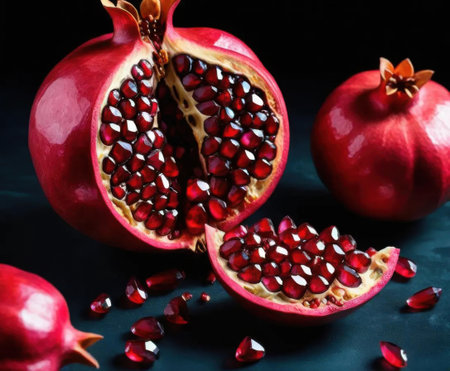 A captivating display of fresh pomegranates, showcasing their vibrant red seeds against a dark background. Ideal for health and food-related content.の素材