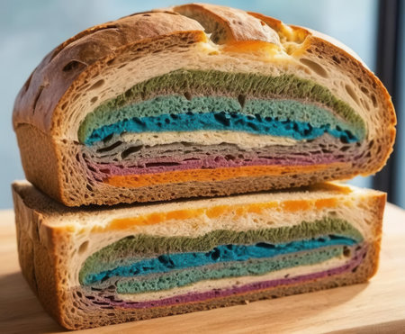 This stunning image showcases a colorful layered bread loaf, highlighting its vibrant sections. Perfect for visual appeal in food photography or culinary exploration.の素材
