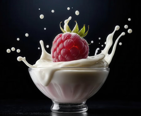 A fresh raspberry bursting into creamy yogurt creates an artistic splash. This vibrant image highlights the delicious combination of flavors and textures. Perfect for food lovers.の素材