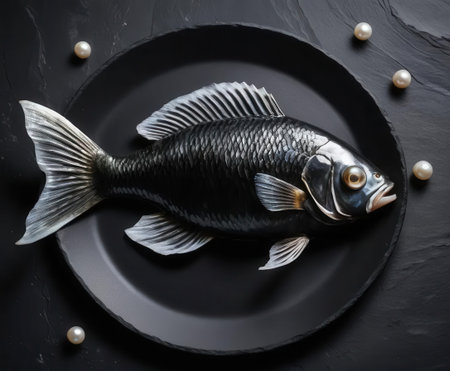 A fresh black fish elegantly placed on a dark plate, surrounded by decorative pearls. This image showcases culinary artistry, perfect for gourmet presentations.の素材
