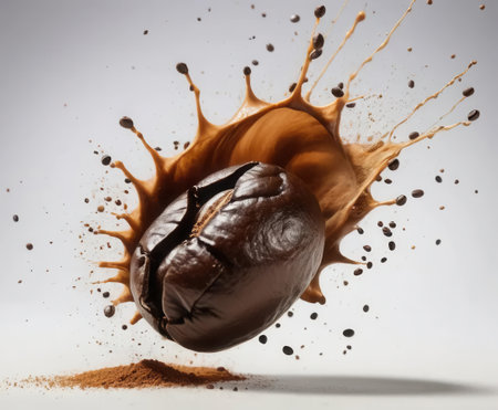 Capture the essence of coffee with a dynamic splash of liquid around a coffee bean, showcasing rich textures and bold flavors perfect for beverage lovers.の素材
