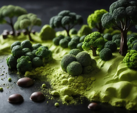An imaginative forest landscape features vibrant green broccoli trees and earthy textures, combining artistry with nature. Ideal for creative projects.の素材