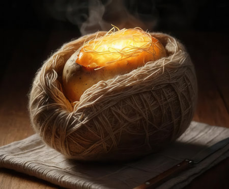A steaming potato nestled in a natural fiber bowl, featuring fluffy toppings that invite warmth and comfort. This rustic dish showcases culinary artistry.の素材