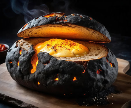 A striking toasted bread bowl filled with creamy melted cheese, exuding warmth and inviting aromas, ideal for gourmet culinary creations and cozy meals.の素材