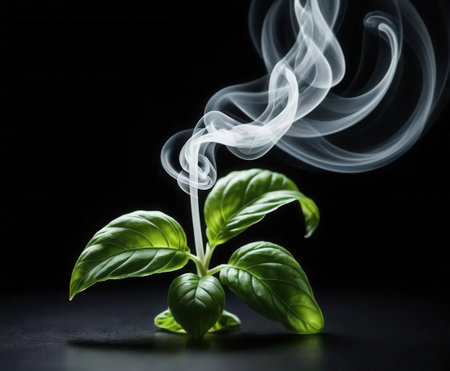 A vivid basil plant emerges from darkness, intertwined with soft, ethereal smoke. This captivating image embodies freshness and culinary inspiration, perfect for various uses.の素材