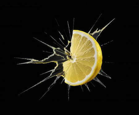 A vibrant lemon slice with a dynamic water splash effect against a black background. Perfect for culinary, beverage, and health-related themes.の素材