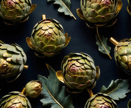 A stunning overhead view showcasing artichokes arranged artistically with green leaves, perfect for food photography, culinary inspiration, and fresh produce themes.の素材