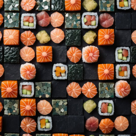 A vibrant assortment of sushi and sashimi arranged meticulously on a dark surface. This visually appealing presentation showcases various colors and textures, ideal for culinary enthusiasts.の素材