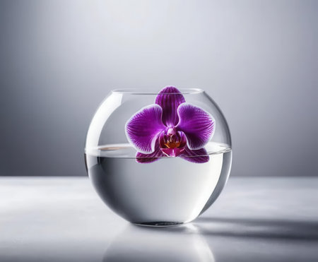 A stunning purple orchid floats elegantly in a round glass bowl, reflecting tranquility and beauty. The minimalist design enhances any space with a touch of nature.の素材