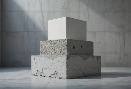 A striking composition of geometric shapes featuring a white cube atop textured concrete blocks, showcasing beauty in minimalist architectural design and modern aesthetics.の素材