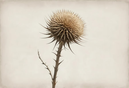 This artistic image features a solitary thistle plant with distinctive spikes, set against a soft white background that highlights its unique texture and form.の素材