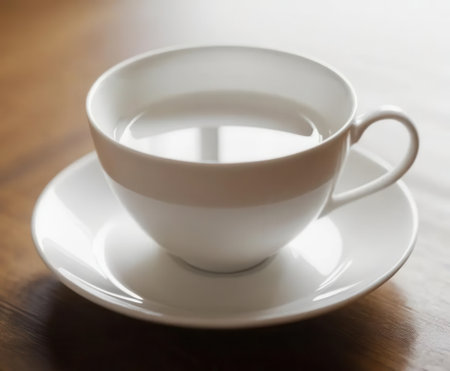 A serene image of an elegant white cup filled with water, placed on a wooden table. The minimalist design emphasizes simplicity and tranquility, perfect for any serene setting.の素材