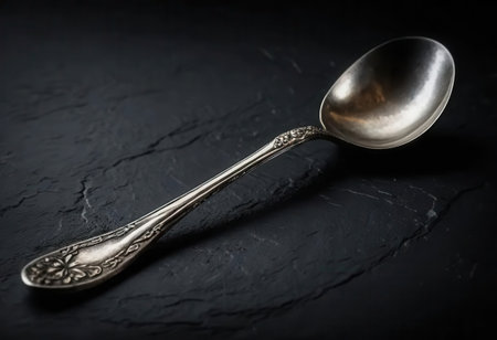 A beautiful vintage silver spoon rests on a dark textured surface, ideal for culinary photography or table setting inspiration. Perfect for elegant dining.の素材
