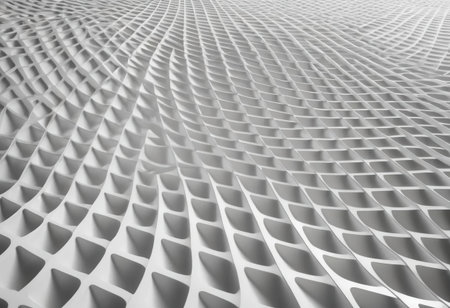 Abstract surface showcasing intricate geometric patterns with soft shadows. The smooth, white texture creates a dynamic visual effect, ideal for modern designs.の素材
