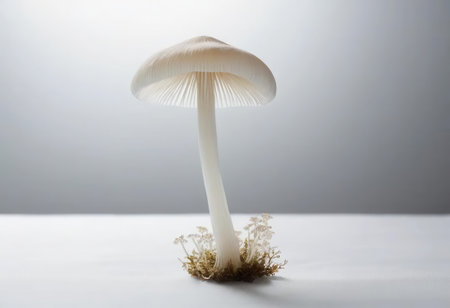 A stunning white mushroom stands gracefully against a soft backdrop, showcasing intricate details. This image captures nature's beauty with elegance and simplicity.の素材