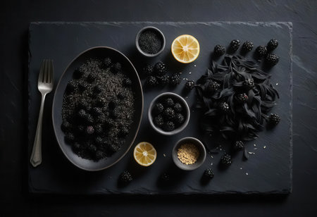 A stunning composition featuring blackberries, fresh herbs, and lemon slices arranged on a dark slate background to enhance the culinary experience.の素材