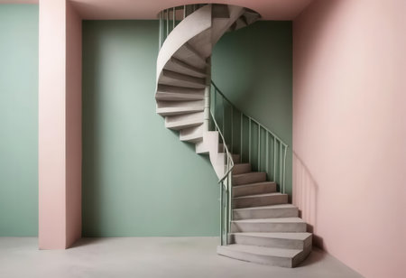 A captivating spiral staircase stands elegantly within a minimalist interior, showcasing soft pastel colors of pink and green for a modern aesthetic.の素材