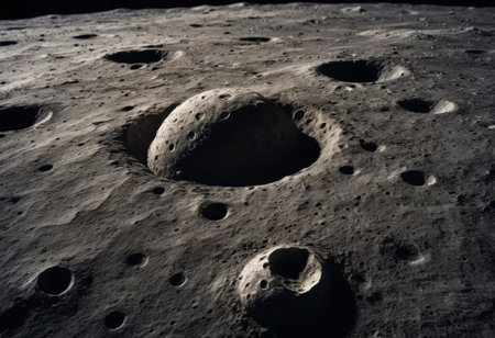 Explore the intricate details of the moon's surface, showcasing various craters and rocky terrains bathed in light and shadow, revealing a fascinating landscape.の素材