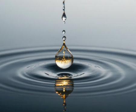 A stunning macro shot of a water droplet creating ripples on a calm surface, reflecting subtle colors. This image captures the beauty of nature's simplicity and tranquility.の素材