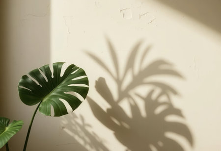 A vibrant green monstera leaf is illuminated by sunlight, casting a beautiful shadow against a light beige wall, creating a serene and tranquil atmosphere.の素材
