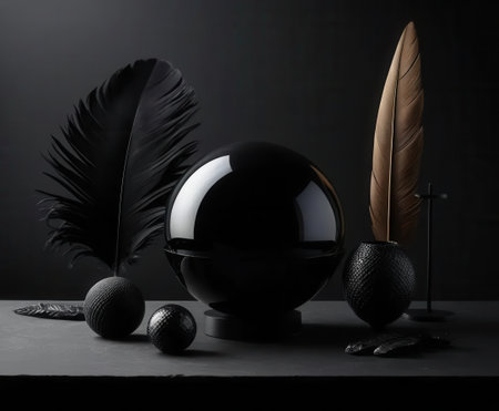 This still life showcases an elegant arrangement of black objects and feathers, featuring a spherical shape and textured vases, perfect for modern decor inspiration.の素材