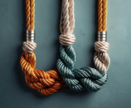 This captivating image features a close-up of colorful knotted ropes, showcasing intricate craftsmanship and strength. Perfect for design, industrial, or crafting themes.の素材