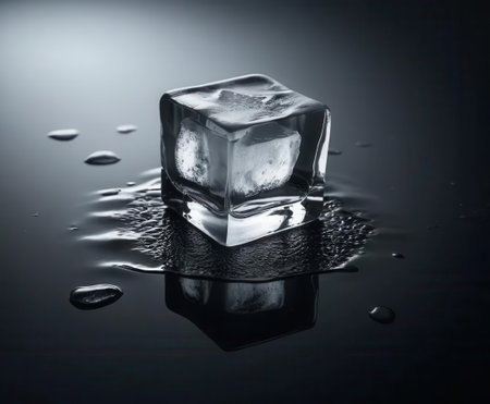 A solitary ice cube sits on a dark surface, surrounded by melting water droplets. The image captures the purity and chill of the ice, showcasing reflections and textures in a minimalistic style.の素材