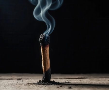 A solitary matchstick stands on a wooden surface, releasing wisps of smoke against a dark backdrop. This striking image captures the essence of simplicity and elegance.の素材