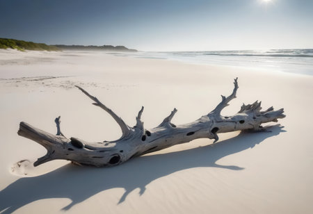 A serene scene featuring a weathered piece of driftwood lying on a vast sandy beach at sunrise. The gentle waves and soft light create a tranquil atmosphere, perfect for relaxation.の素材