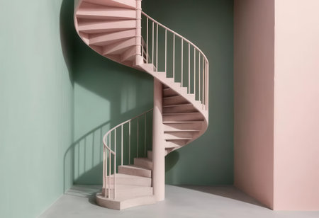 A beautifully designed spiral staircase stands against pastel green and pink walls, showcasing modern architecture and elegant minimalism in interior design.の素材