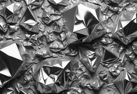 A captivating arrangement of shiny metallic geometric shapes rests on a crumpled silver foil background, creating a striking visual contrast that embodies modern elegance.の素材