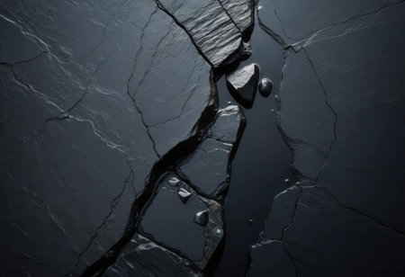 A closeup view of dark slate with cracks and small stones, featuring reflections of water. This texture creates a unique and elegant background suitable for various projects.の素材