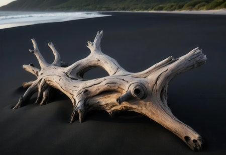 A captivating piece of driftwood rests on a black sand beach, illuminated by the soft light of sunrise. Lush green hills rise in the background, creating a serene natural scene.の素材
