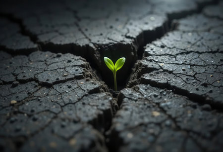 A determined green plant sprouts from dry, cracked earth, symbolizing hope and resilience. This striking image captures the essence of nature's ability to thrive in adverse conditions.の素材