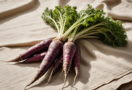 Vibrant purple radishes with lush green tops elegantly arranged on soft beige fabric, showcasing their freshness and natural beauty, perfect for culinary inspiration.の素材