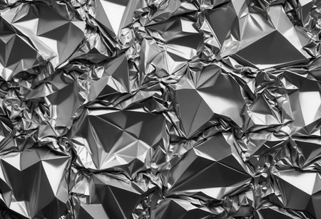 This image features a close-up of crumpled metallic foil with intricate silver tones, creating an abstract and artistic texture. Ideal for various design projects.の素材